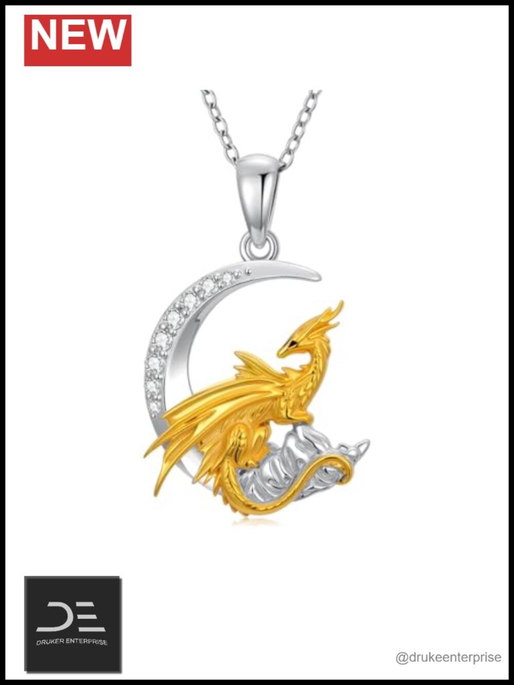 925 Sterling Silver Diamond Dragon on Crescent Moon Pendant Necklace